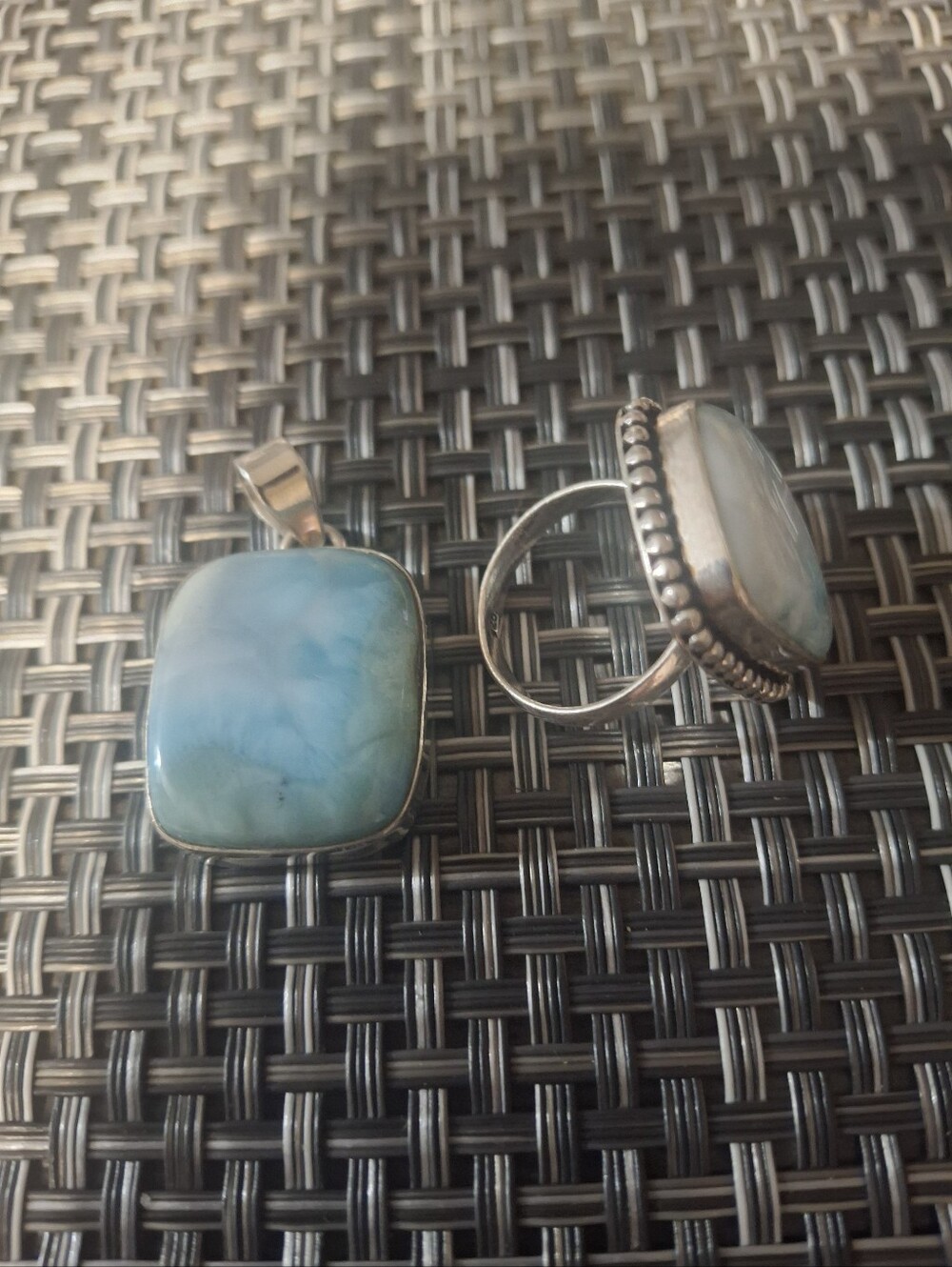 Sterling Silver Blue Larimar Pendant and Ring Set